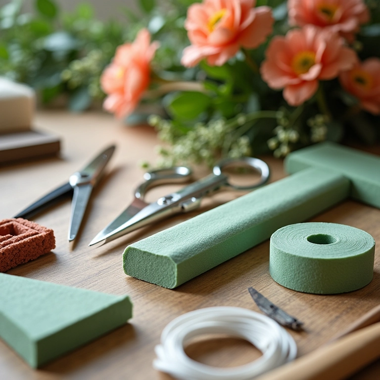 Materiais básicos para criar arranjos florais: tesoura, arame, espuma floral.