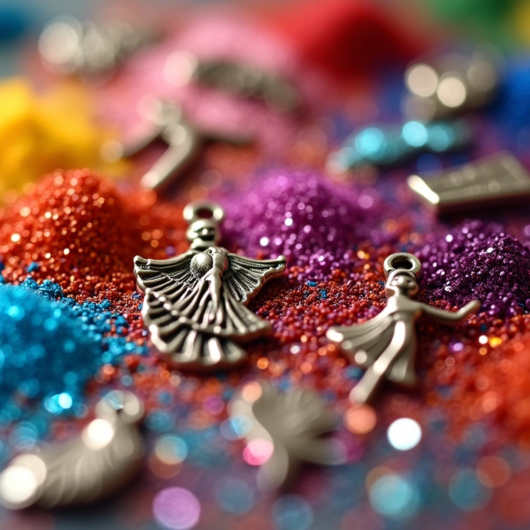 Materiais de artesanato com tema de dança: tecidos, glitter e miçangas.