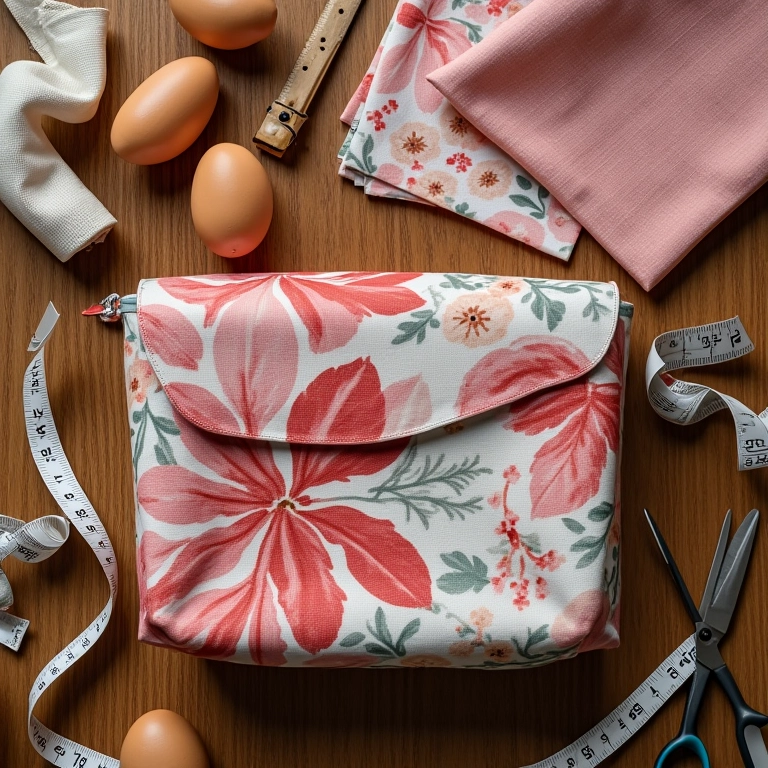 Materiais de costura: tecidos estampados, tesoura e fita métrica.