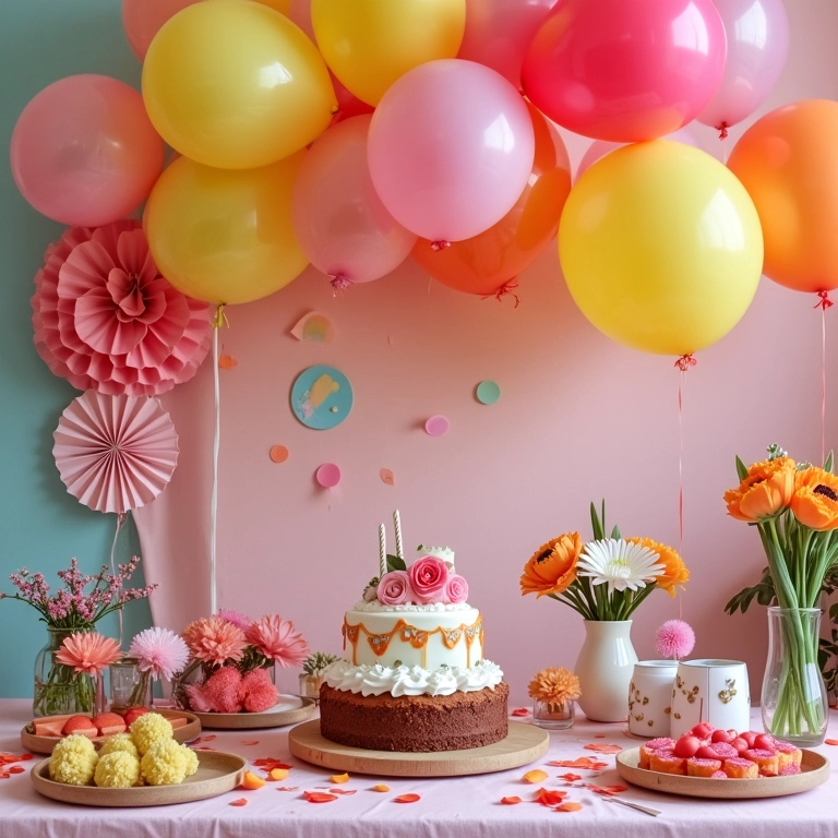Materiais DIY para decoração de festa infantil: balões, fitas, flores de papel.