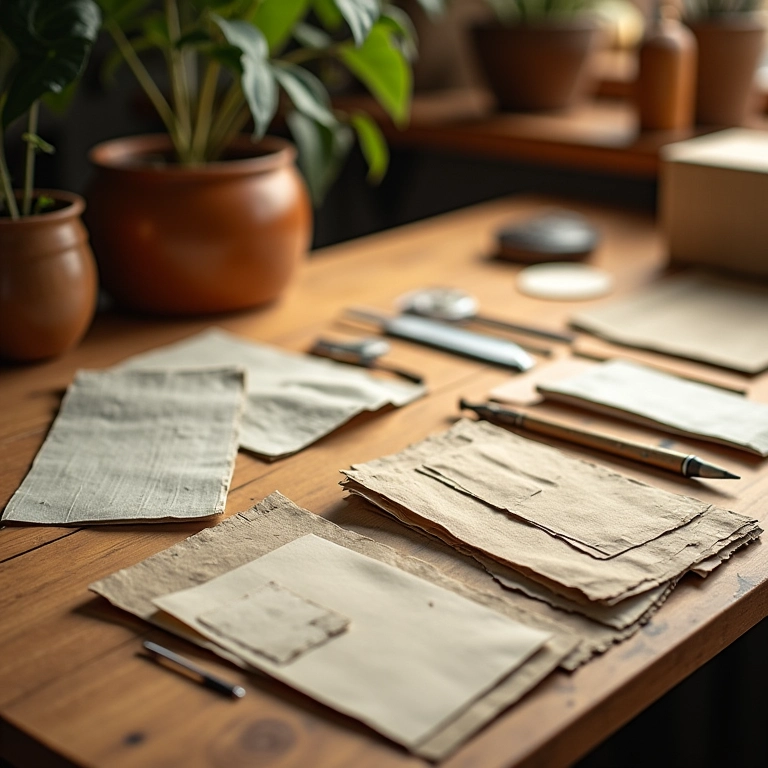 Materiais e ferramentas para cartonagem dispostos em uma mesa de madeira.