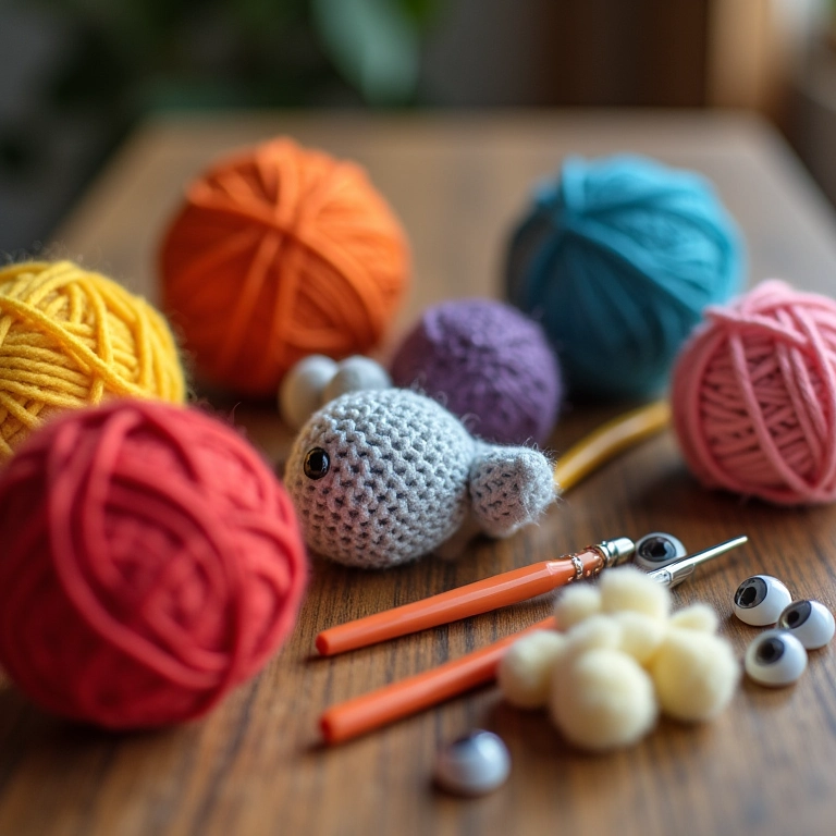 Materiais essenciais para amigurumi: fios coloridos, agulhas e enchimento.