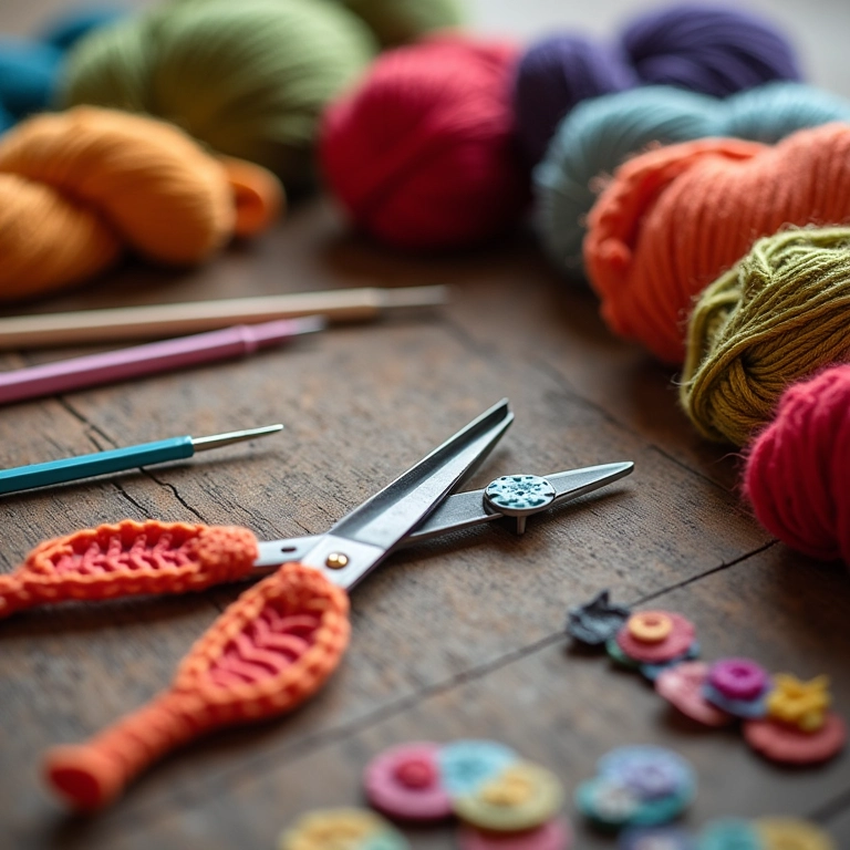 Materiais essenciais para começar a crochetar: agulhas, fios, marcadores e tesoura.