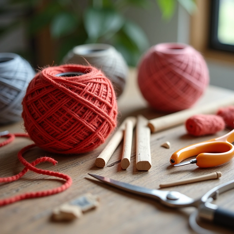 Materiais essenciais para criar mandalas de fios: fios coloridos, palitos de madeira e tesoura.