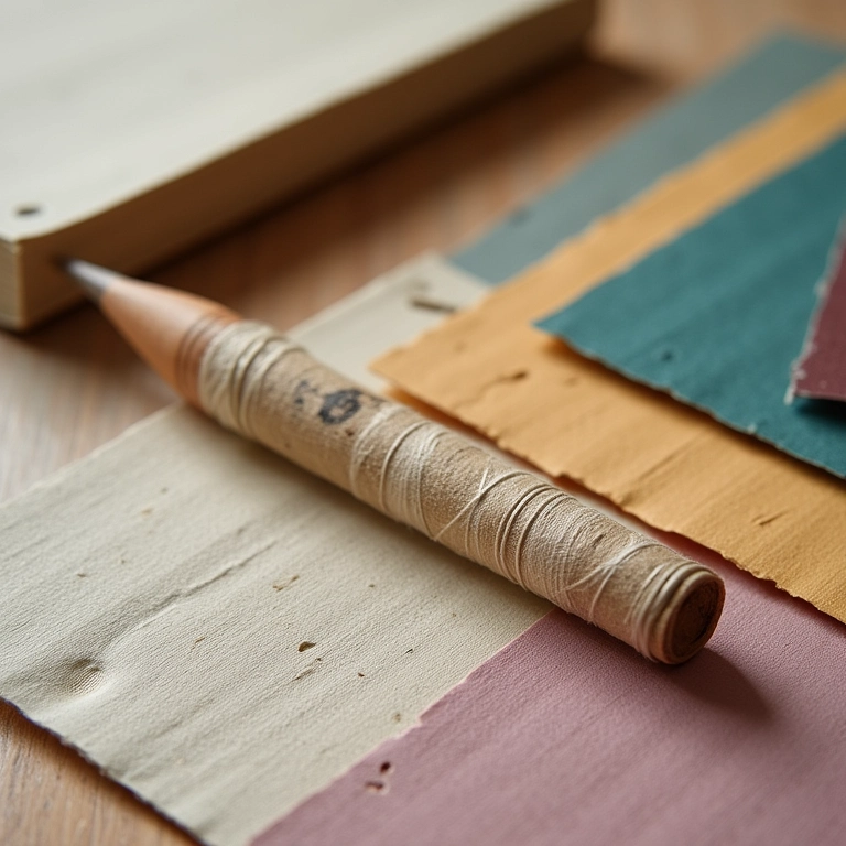 Materiais essenciais para encadernação: linha de linho, furador, vincador e papéis coloridos.