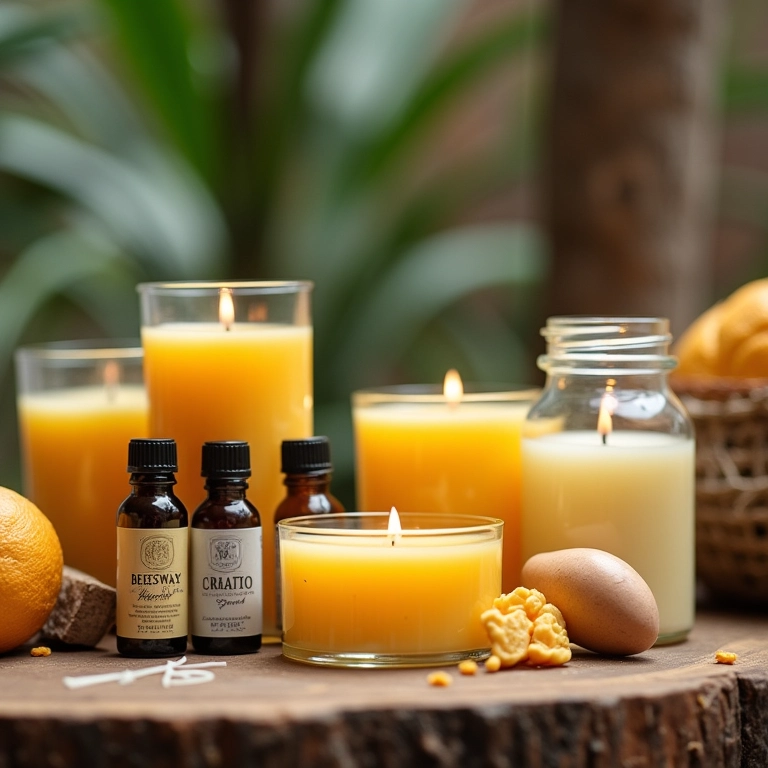 Materiais essenciais para fazer velas artesanais: cera de abelha, óleos essenciais, pavios e potes de vidro.