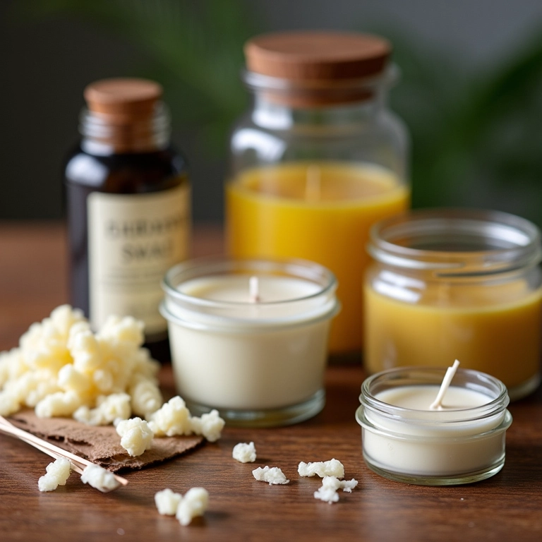 Materiais essenciais para fazer velas: cera de soja, óleos essenciais, pavios e potes de vidro.