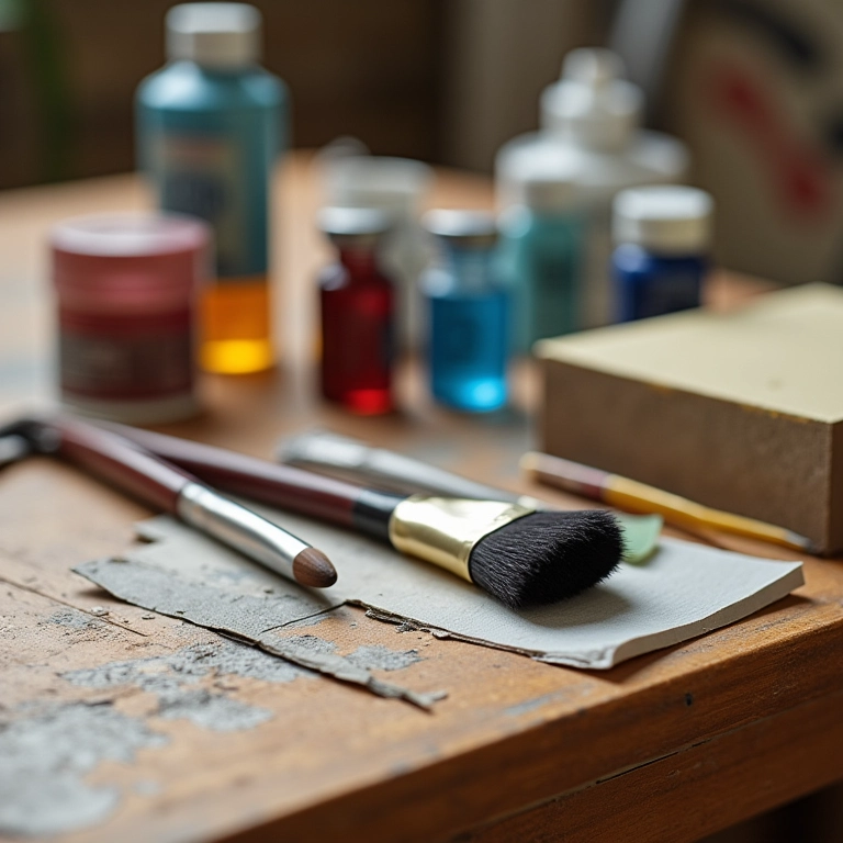 Materiais essenciais para pintura de vasos: pincéis, tintas e verniz.