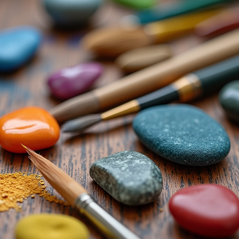 Materiais essenciais para pintura em pedras dispostos sobre a mesa.