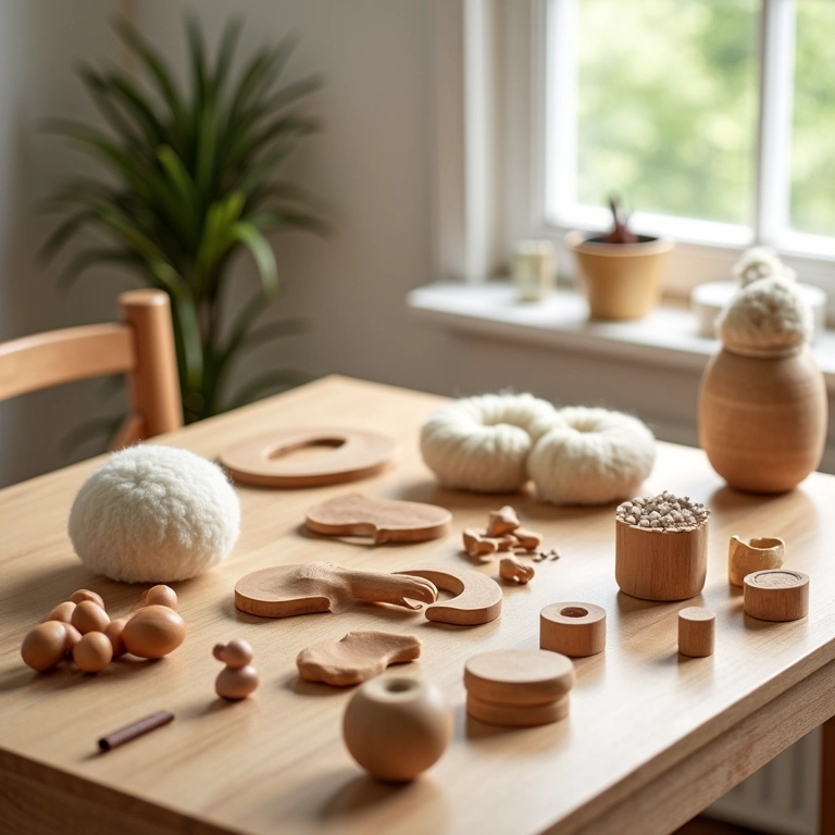 Materiais Montessori naturais: madeira, lã e algodão.