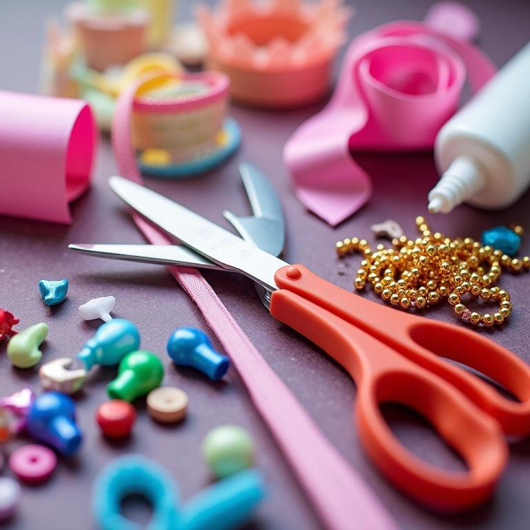 Materiais para artesanato de lembrancinhas de 15 anos: fitas, miçangas, tesoura e cola.