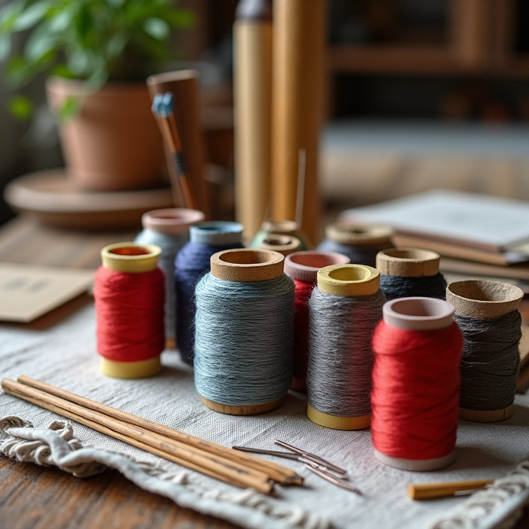 Materiais para encadernação copta: linhas coloridas, agulhas, furadores.