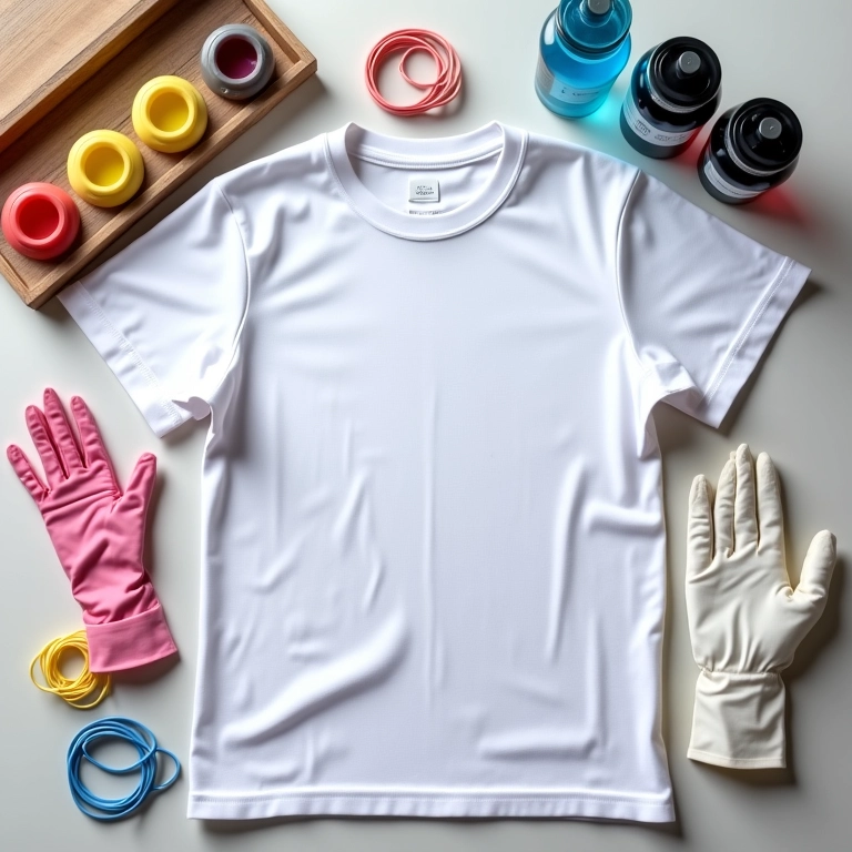 Materiais para tie-dye: camisetas, elásticos, tintas, luvas dispostos em uma mesa.