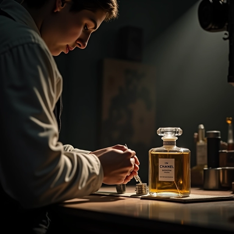 Medição precisa de ingredientes para um perfume Chanel.