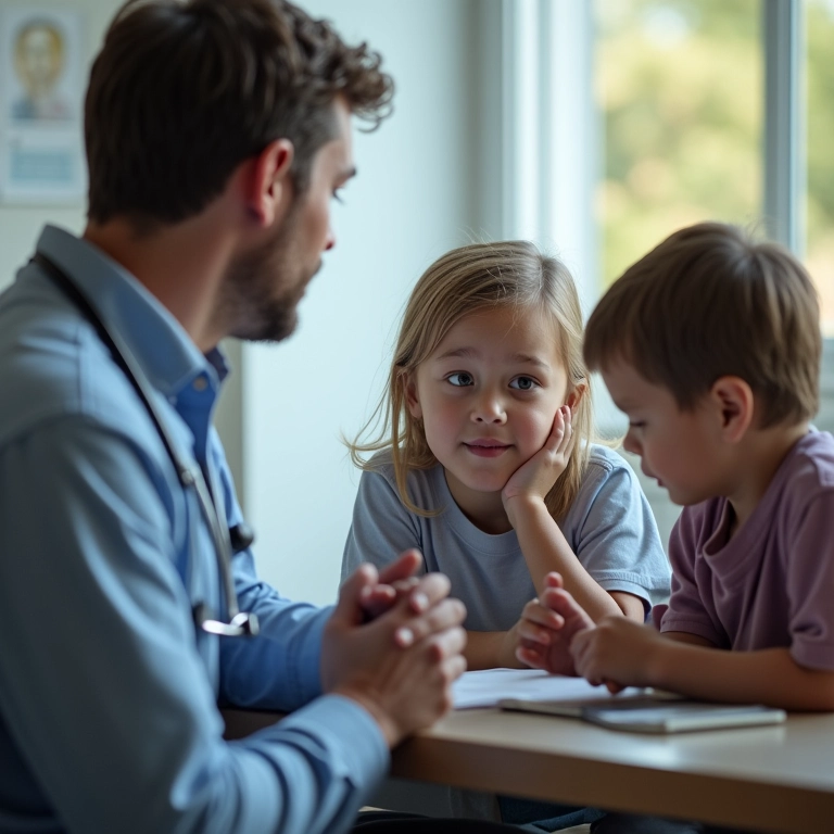 Médico conversando com pais preocupados, oferecendo orientação e suporte profissional.