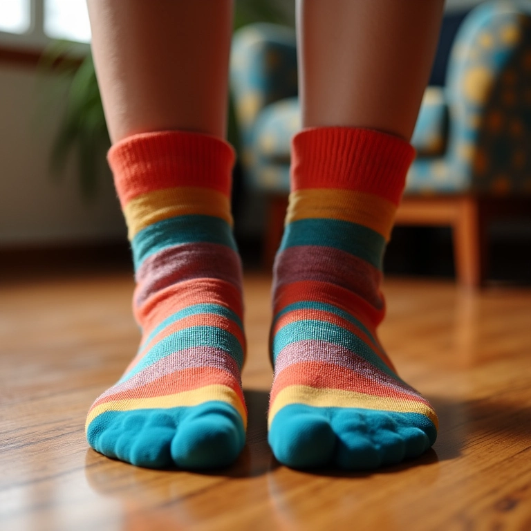 Meias divertidas e coloridas em chão de madeira.