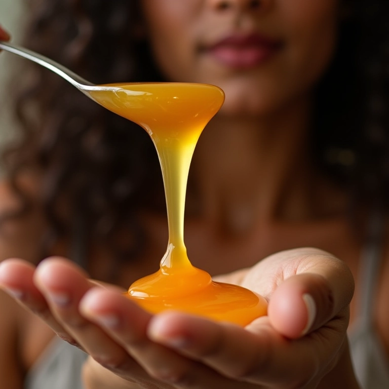 Mel escorrendo em dedos, umectação capilar natural.