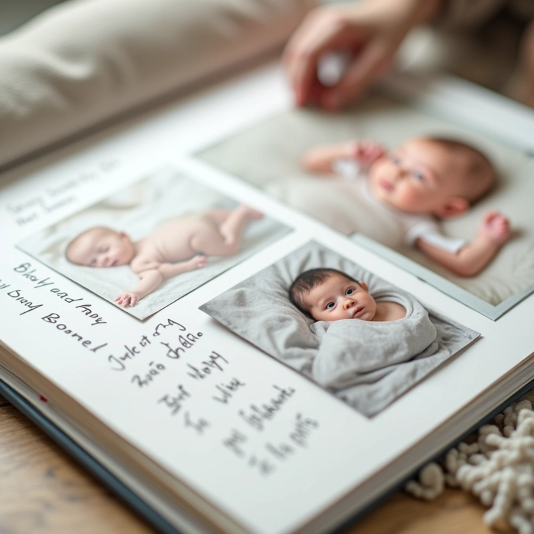 Mensagens e legendas personalizadas em um álbum de bebê.