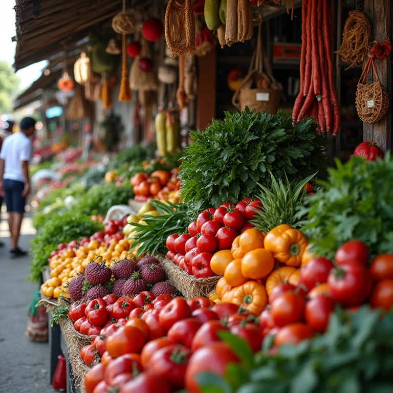 Mercado com produtos sustentáveis e locais.