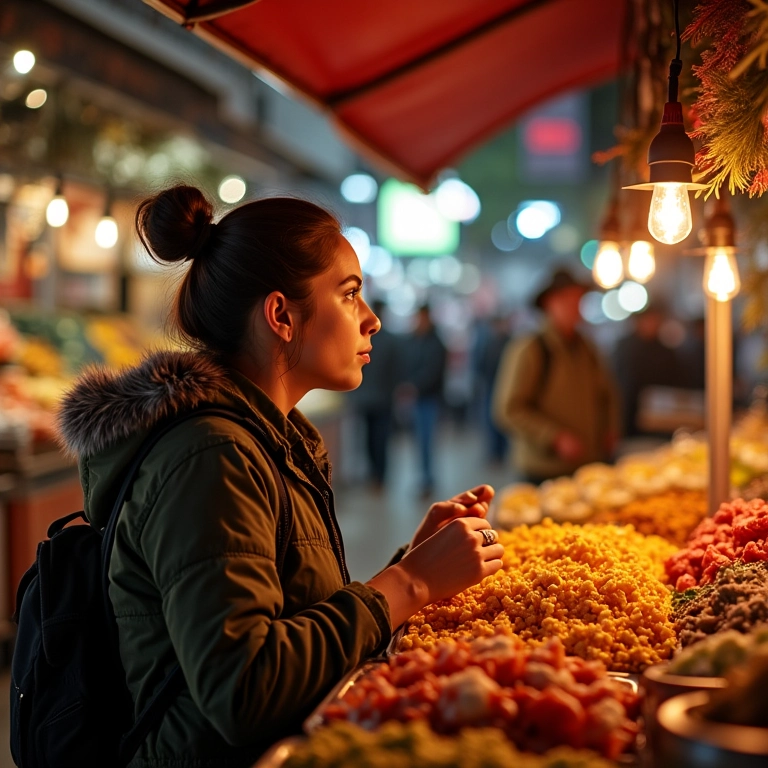 Mercado Municipal de Curitiba com mulher experimentando comida local no inverno.
