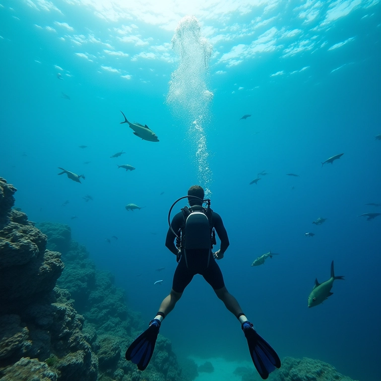 Mergulhadora admirando a vida marinha em Arraial do Cabo, RJ.