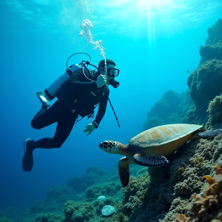Mergulhadora encontra tartaruga marinha em Fernando de Noronha.