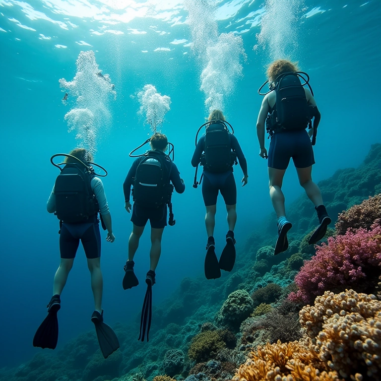 Mergulhadoras explorando recife de coral vibrante no Brasil.