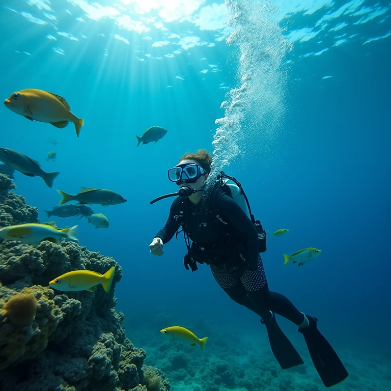 Mergulho com cilindro no Rio Formoso, Bonito MS, com águas cristalinas e vida marinha exuberante.