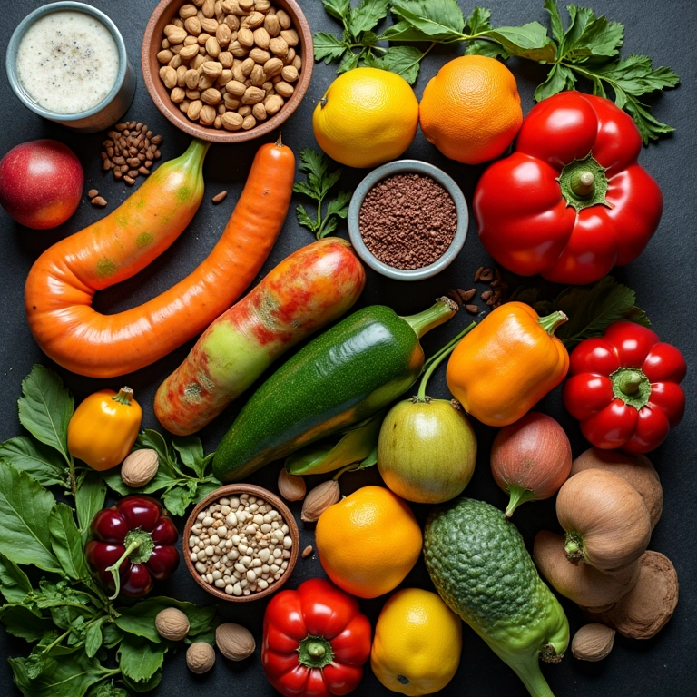 Mesa com alimentos saudáveis e coloridos, representando uma alimentação balanceada para unhas fortes.