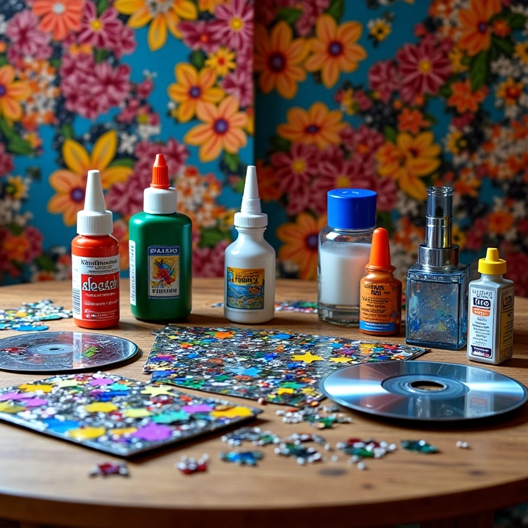 Mesa com materiais para mosaico de CD e tecido brasileiro.