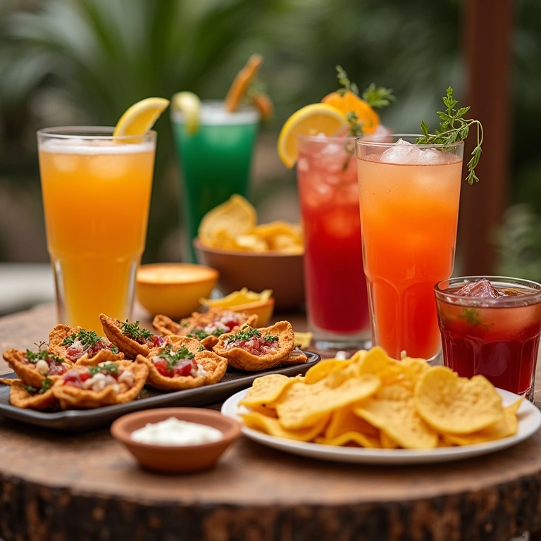 Mesa com petiscos e bebidas para noite de jogos.