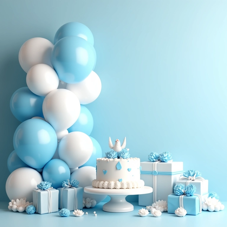 Mesa de batizado com balões azuis e brancos, bolo decorado e presentes.