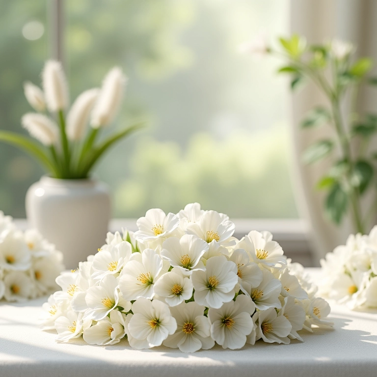 Mesa de batizado decorada com flores brancas.