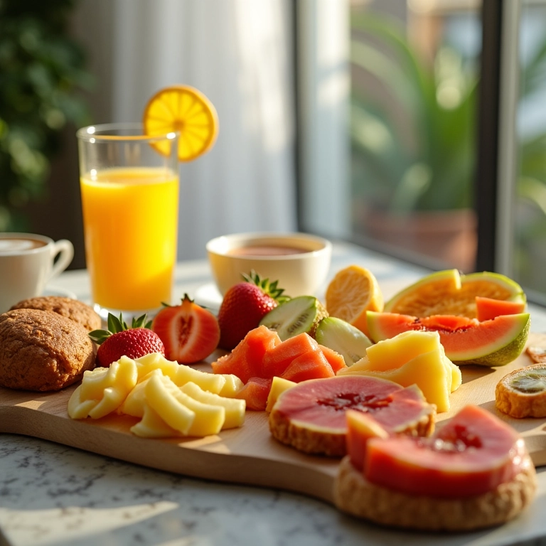 Mesa de café da manhã de hotel em casa, com frutas tropicais, pães e bebidas.