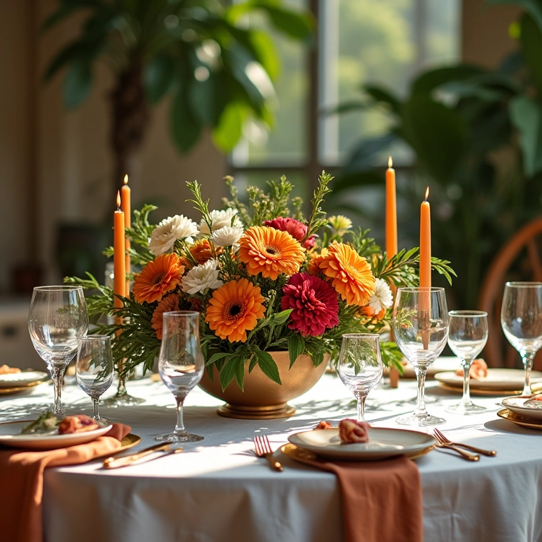 Mesa de casamento decorada com elegância e detalhes florais vibrantes.