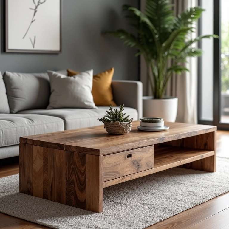 Mesa de centro com base em madeira demolida em sala de estar moderna.