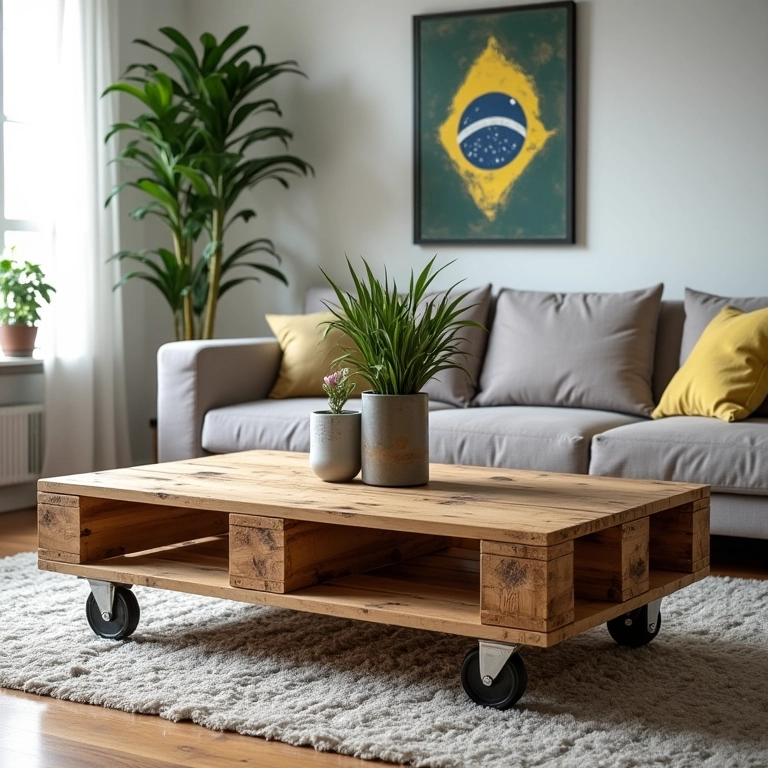 Mesa de centro de pallet com rodinhas em sala moderna.