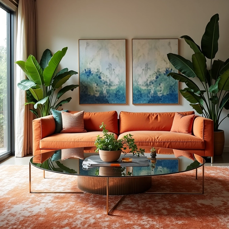 Mesa de centro espelhada em sala de estar moderna com decoração brasileira.