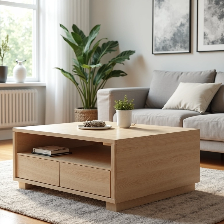 Mesa de centro multifuncional de madeira clara em sala iluminada com luz natural.