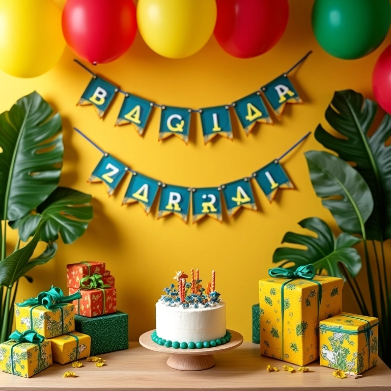 Mesa de festa de aniversário infantil decorada com balões coloridos, bolo e presentes.
