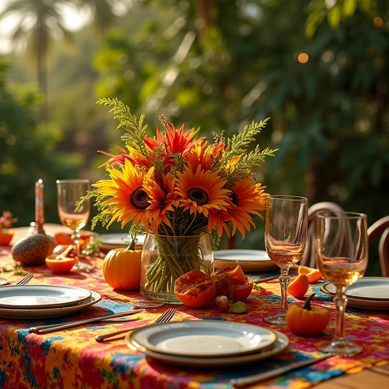 Mesa de festa decorada com estilo brasileiro vibrante e elegante.