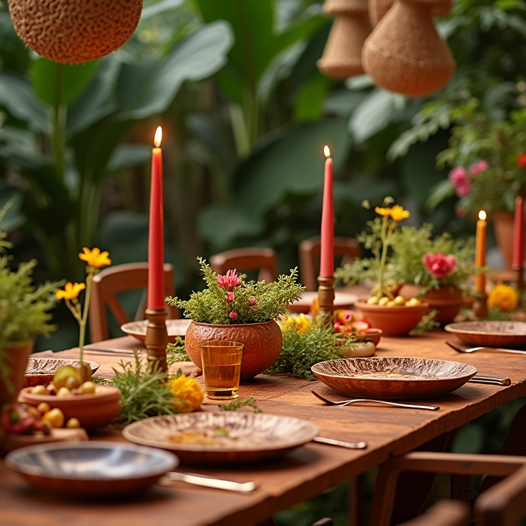 Mesa de jantar decorada com estilo brasileiro vibrante, perfeita para receber convidados.