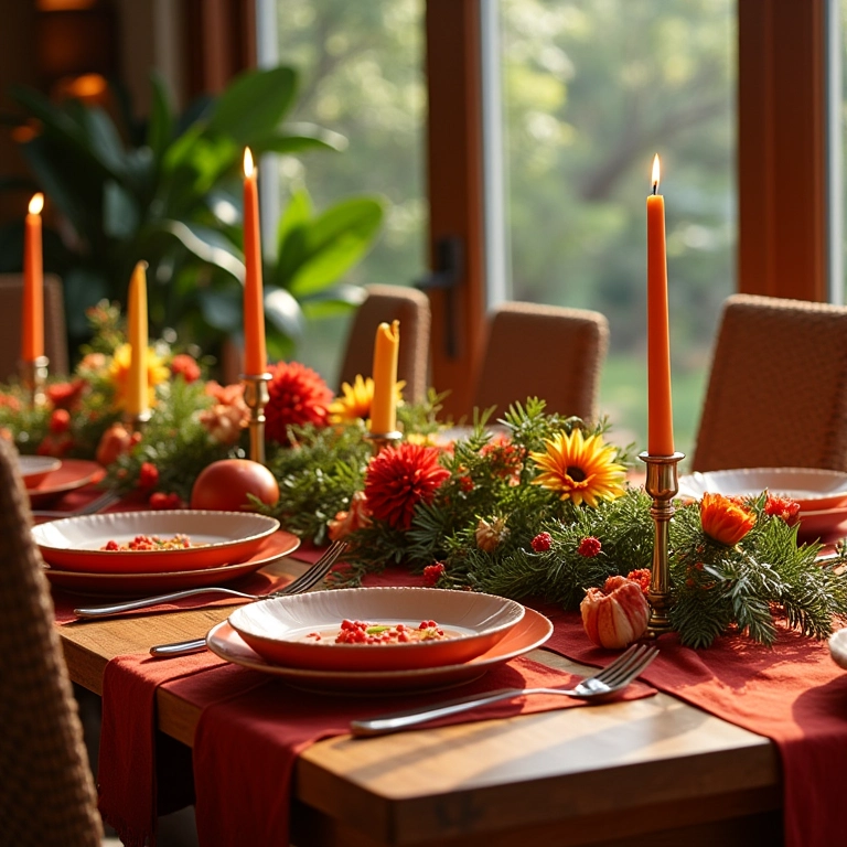Mesa de Natal decorada com elegância e cores vibrantes, estilo Farm Rio, pronta para a ceia.