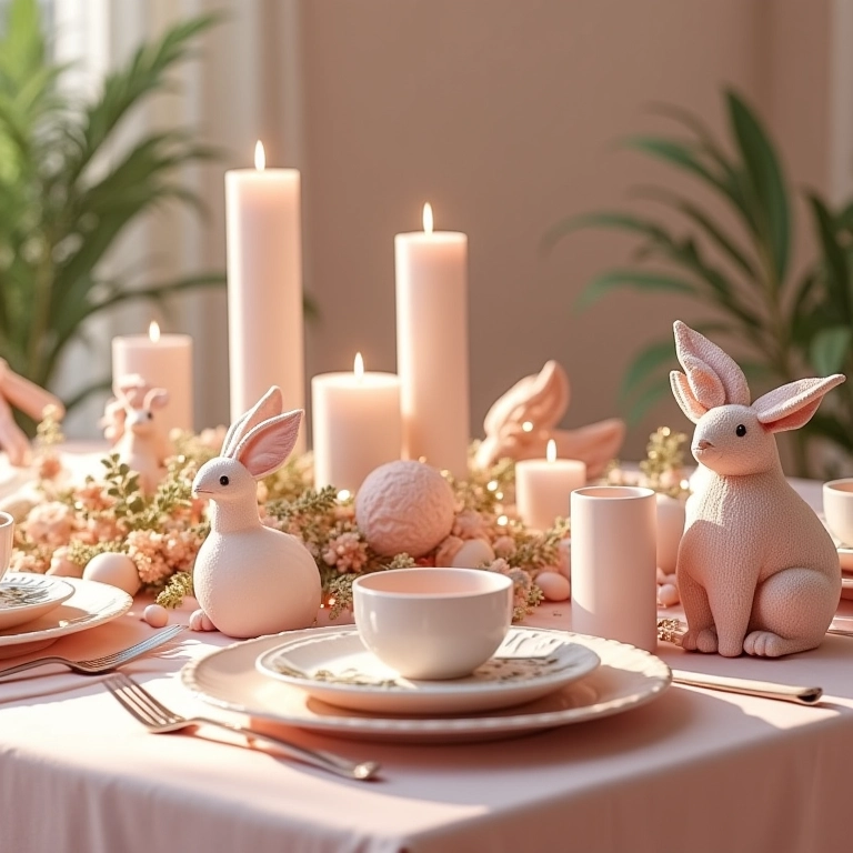 Mesa de Natal decorada em tons pastel com delicados ornamentos e iluminação suave.