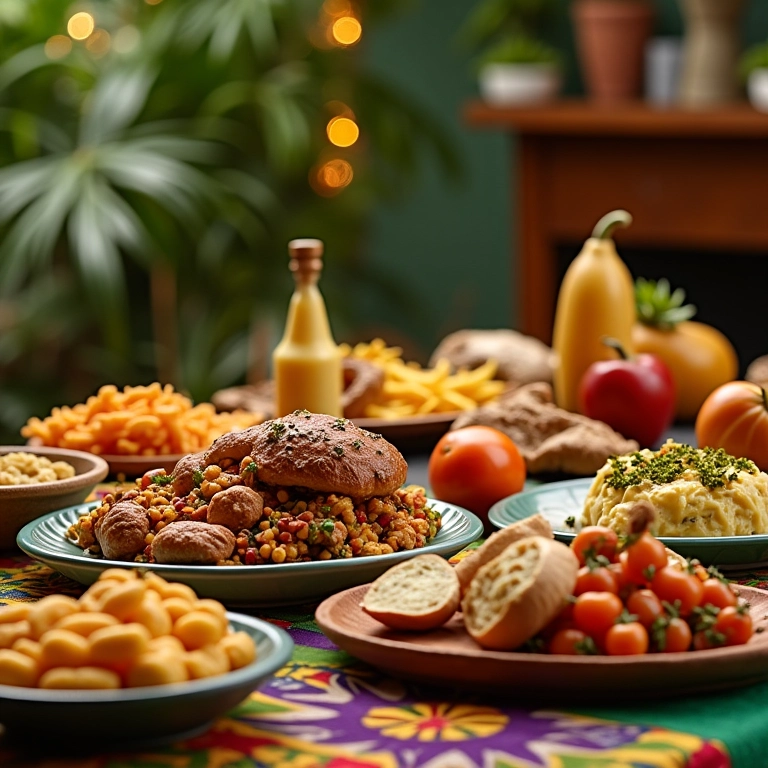 Mesa de São João decorada com comidas típicas brasileiras.