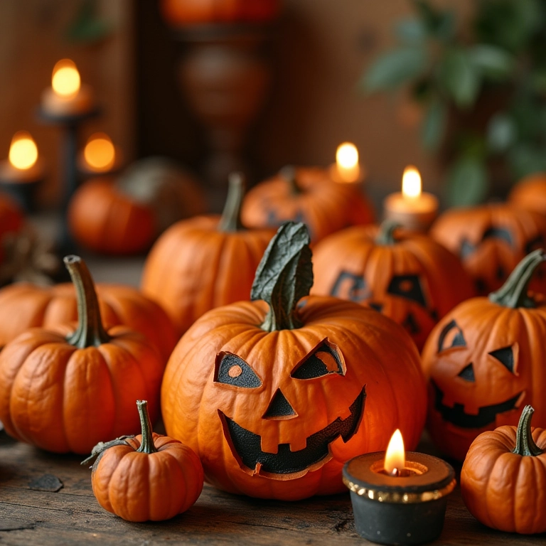 Mesa decorada com artesanato de Halloween, abóboras e velas.