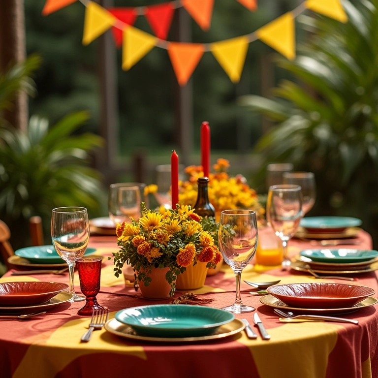 Mesa decorada com tema específico e paleta de cores vibrante para festa brasileira.