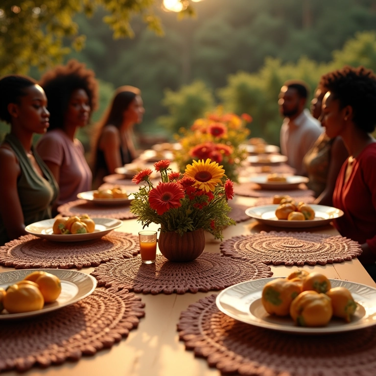 Mesa elegante com sousplats e jogos americanos de crochê.