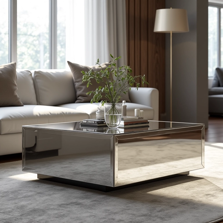 Mesa espelhada com design exclusivo chamando atenção em sala de estar.