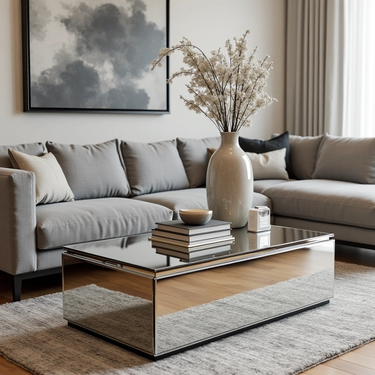 Mesa espelhada combinando com diversos estilos de decoração em sala moderna.